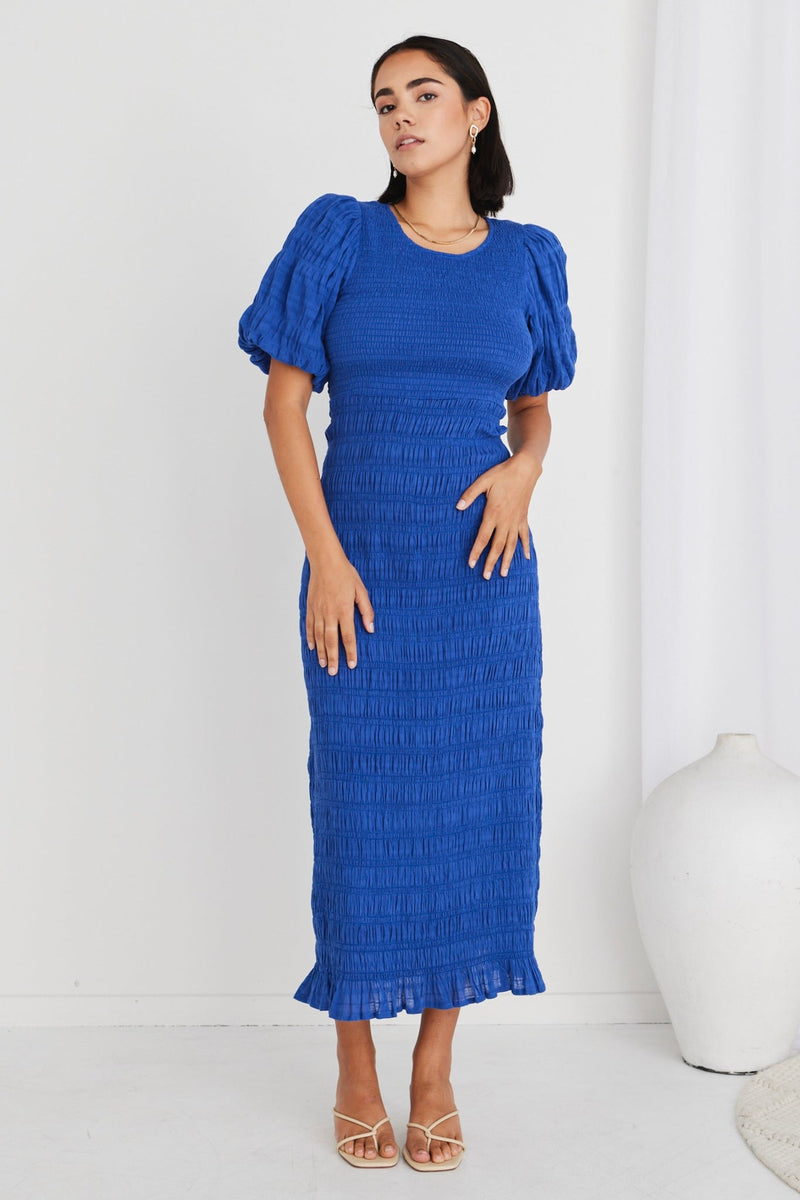 Ivy + Jack Jade Electric Blue Puff Sleeve Ruched Maxi Dress