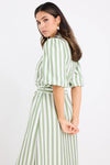 By Rosa Kindred Moss Stripe Puff Sleeve Midi Shirt Dress - Moss Stripe