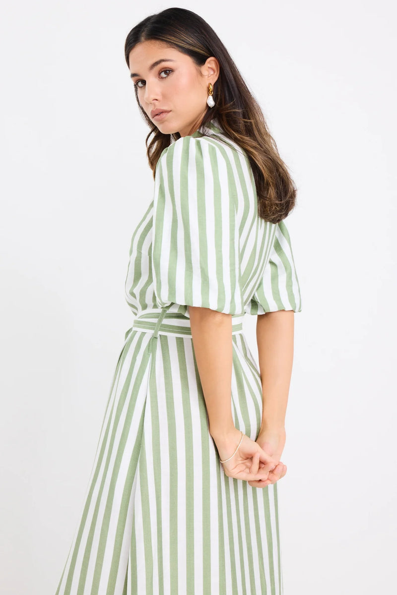 By Rosa Kindred Moss Stripe Puff Sleeve Midi Shirt Dress - Moss Stripe