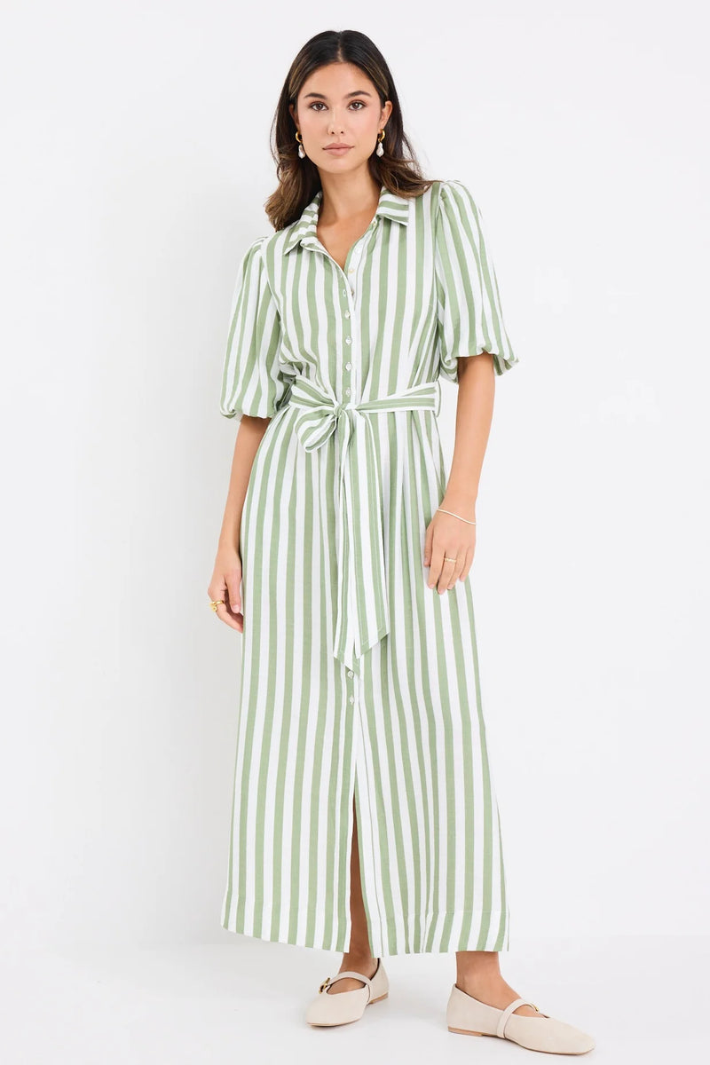 By Rosa Kindred Moss Stripe Puff Sleeve Midi Shirt Dress - Moss Stripe