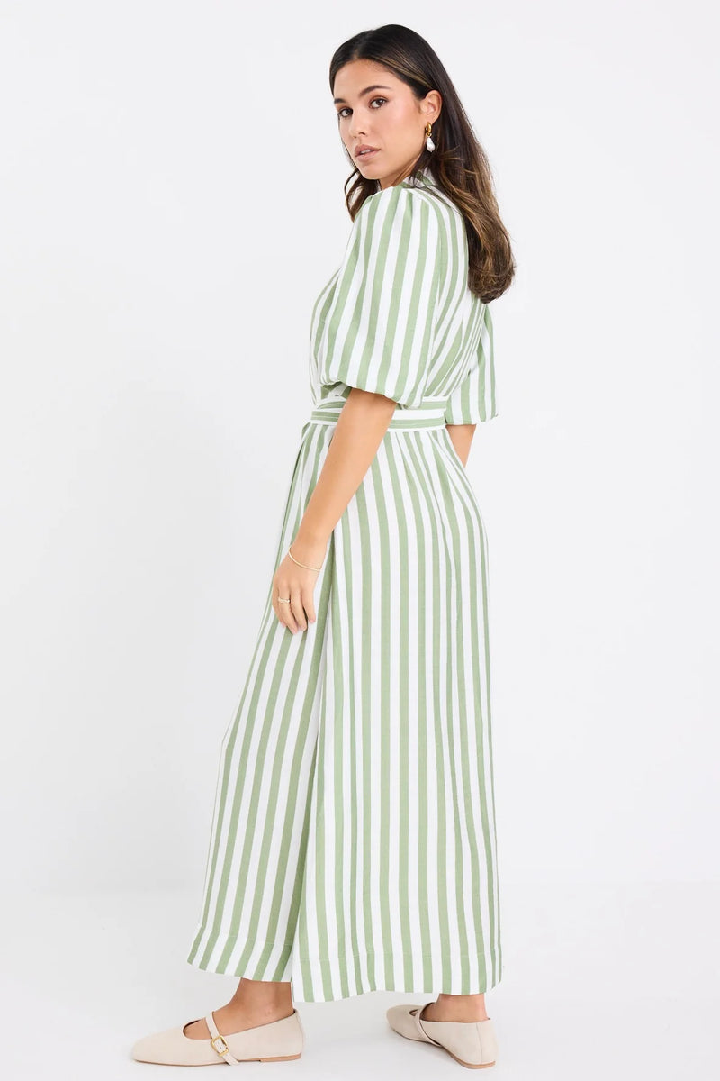 By Rosa Kindred Moss Stripe Puff Sleeve Midi Shirt Dress - Moss Stripe