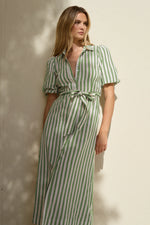 By Rosa Kindred Moss Stripe Puff Sleeve Midi Shirt Dress - Moss Stripe