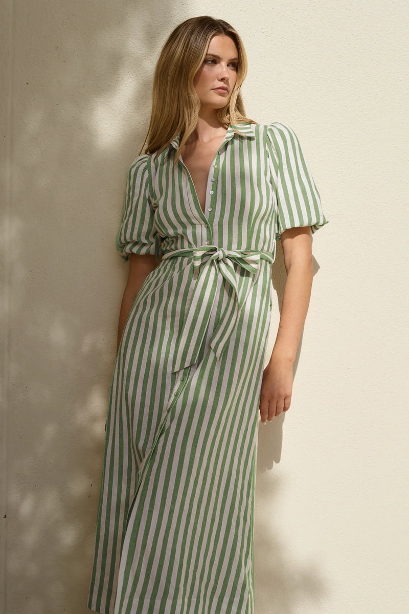 By Rosa Kindred Moss Stripe Puff Sleeve Midi Shirt Dress - Moss Stripe