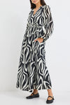 Among The Brave Lake Black Tiger Print LS Wrap Midi Dress - Black Tiger Print