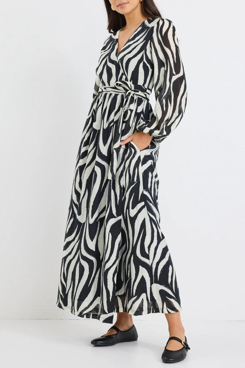 Among The Brave Lake Black Tiger Print LS Wrap Midi Dress - Black Tiger Print