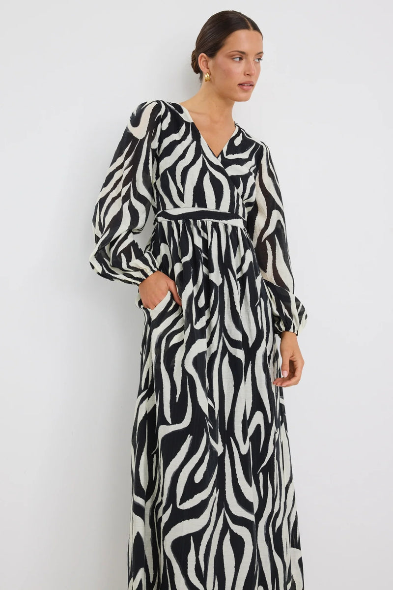 Among The Brave Lake Black Tiger Print LS Wrap Midi Dress - Black Tiger Print