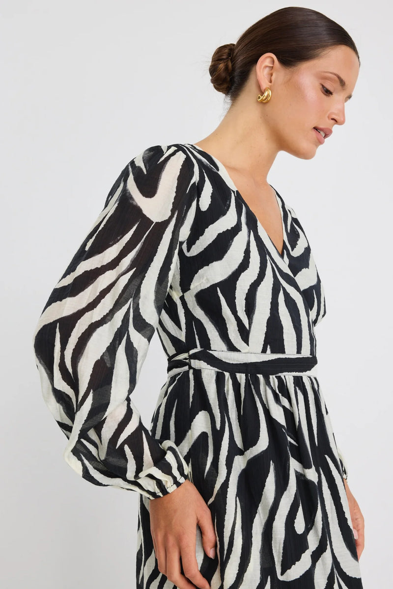Among The Brave Lake Black Tiger Print LS Wrap Midi Dress - Black Tiger Print