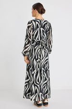 Among The Brave Lake Black Tiger Print LS Wrap Midi Dress - Black Tiger Print