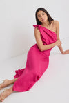 Georgia Mae Mirror Hot Pink Linen Blend One Shoulder Bow Midi Dress - Hot Pink