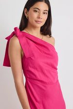 Georgia Mae Mirror Hot Pink Linen Blend One Shoulder Bow Midi Dress - Hot Pink