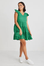 Ivy + Jack Molly Shirred Cotton Sleeveless V-Neck Tiered Mini Dress - Palm Green