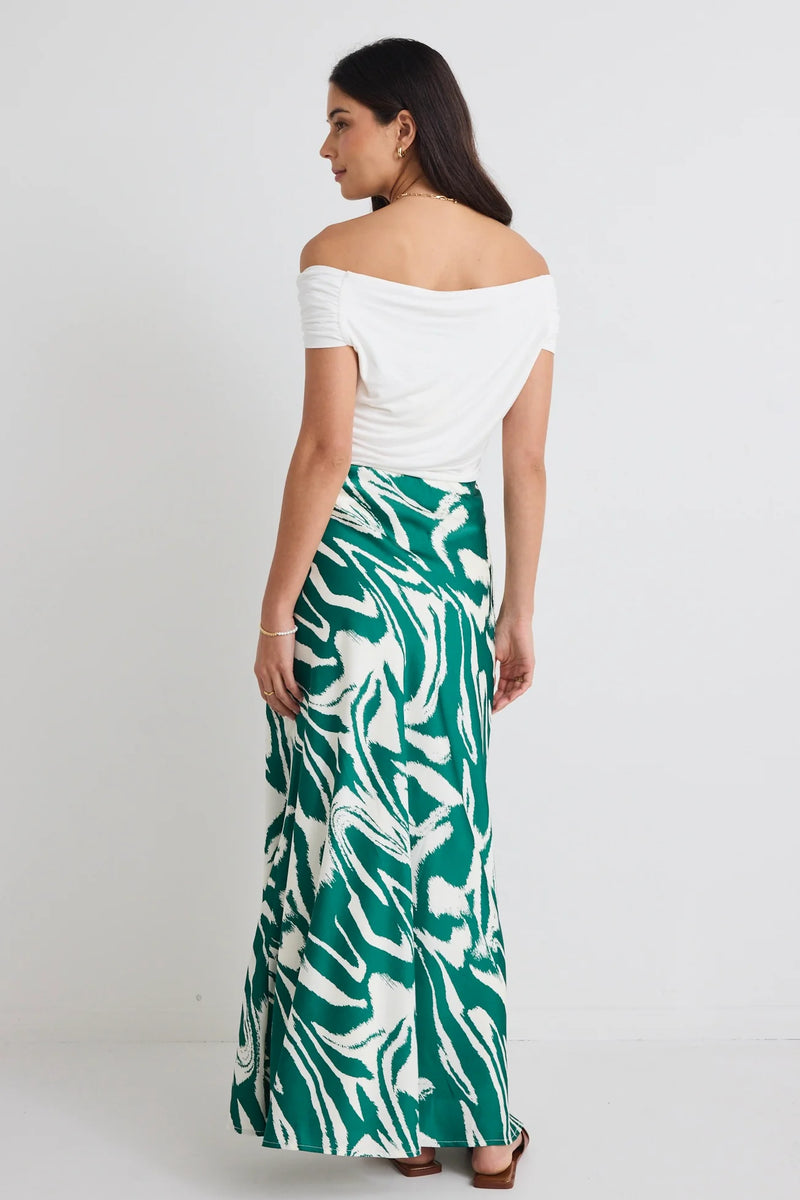 Stories Be Told Breathe Green Zebra Satin Bias Maxi Skirt - Green Zebra