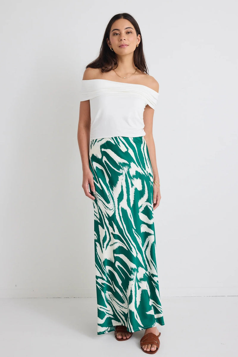 Stories Be Told Breathe Green Zebra Satin Bias Maxi Skirt - Green Zebra