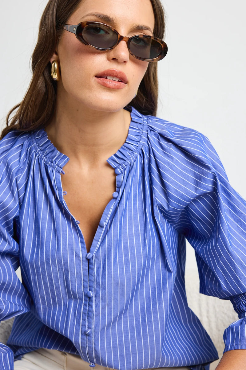 Ivy + Jack Noetic Dark Blue Stripe Short Sleeve Blouse - Dark Blue Stripe