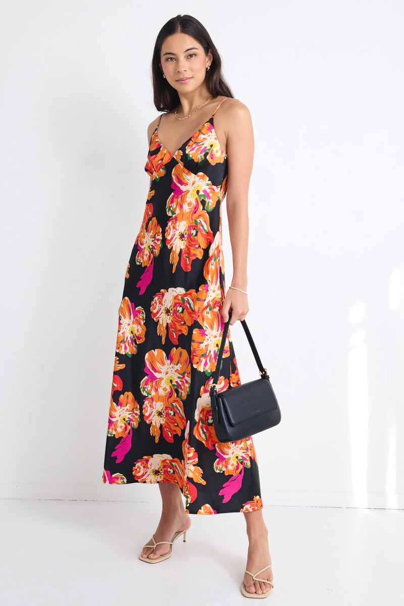 Among The Brave Otherworldly Black Orange Floral Satin Bias Slip Midi Dress - Black Orange Floral