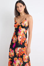 Among The Brave Otherworldly Black Orange Floral Satin Bias Slip Midi Dress - Black Orange Floral