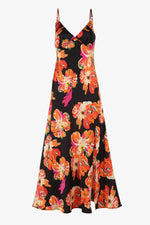 Among The Brave Otherworldly Black Orange Floral Satin Bias Slip Midi Dress - Black Orange Floral