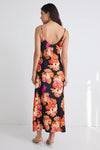 Among The Brave Otherworldly Black Orange Floral Satin Bias Slip Midi Dress - Black Orange Floral