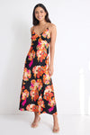 Among The Brave Otherworldly Black Orange Floral Satin Bias Slip Midi Dress - Black Orange Floral