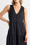 Ivy + Jack  Pacific Black Cotton Voile Sleeveless Button Front Tiered Maxi Dress - Black