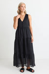 Ivy + Jack  Pacific Black Cotton Voile Sleeveless Button Front Tiered Maxi Dress - Black