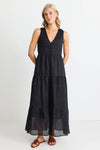 Ivy + Jack  Pacific Black Cotton Voile Sleeveless Button Front Tiered Maxi Dress - Black