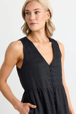 Ivy + Jack  Pacific Black Cotton Voile Sleeveless Button Front Tiered Maxi Dress - Black