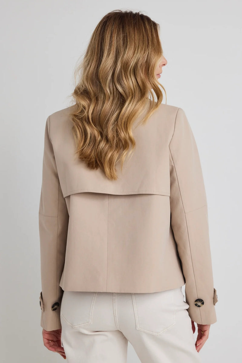 Stories Be Told Pathway Taupe Cropped Trench Coat