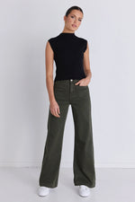 Among The Brave Zoey Dark Khaki High Rise Wide Leg Pocket Jean - Dark Khaki