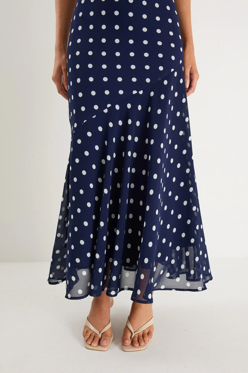 Stories Be Told Reign Navy Polka Dot Georgette Strappy Maxi Dress