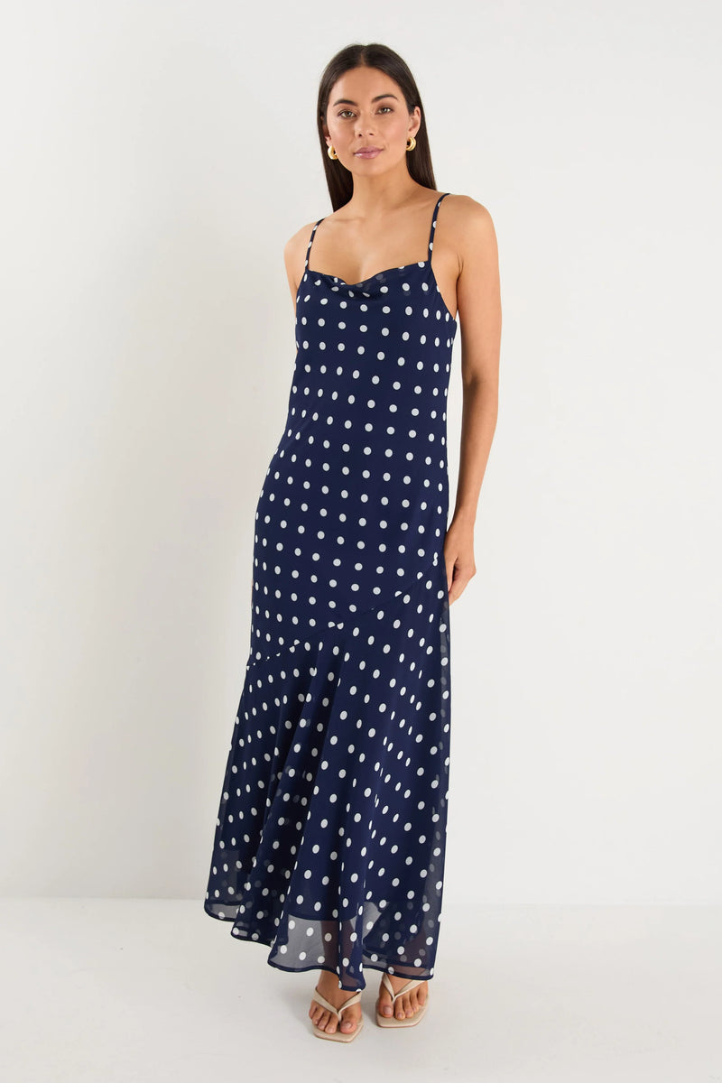 Stories Be Told Reign Navy Polka Dot Georgette Strappy Maxi Dress