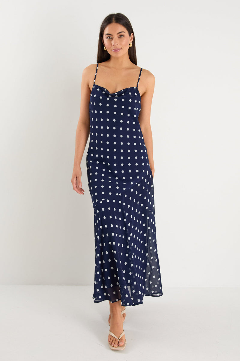 Stories Be Told Reign Navy Polka Dot Georgette Strappy Maxi Dress