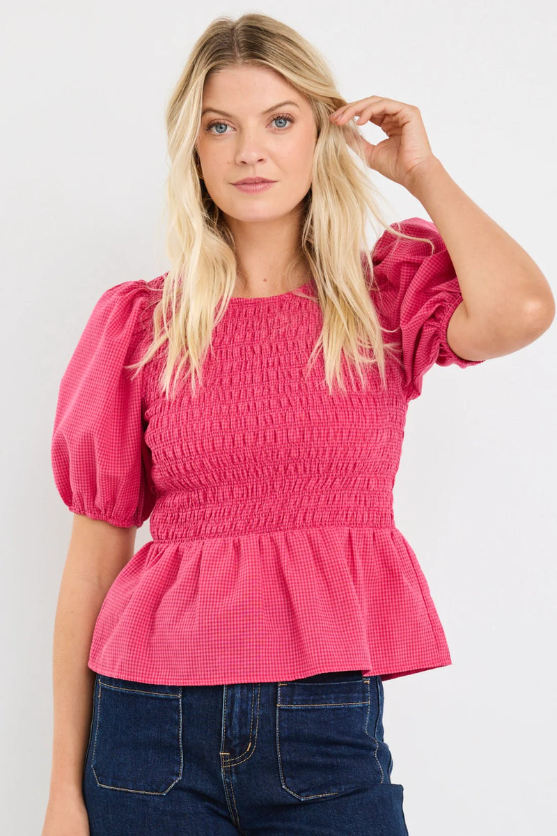 Among The Brave Requite Raspberry Ditsy Gingham Shirred Body SS Top - Raspberry Ditsy Gingham
