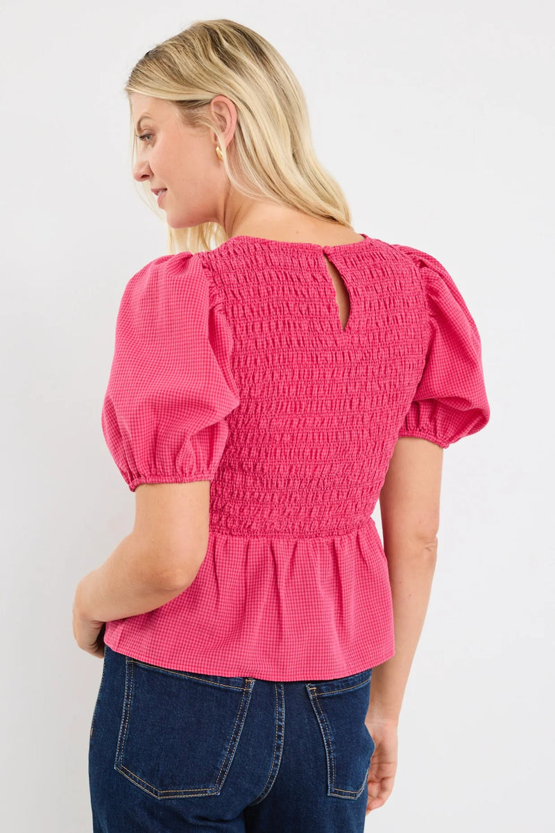 Among The Brave Requite Raspberry Ditsy Gingham Shirred Body SS Top - Raspberry Ditsy Gingham