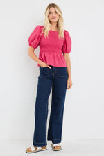 Among The Brave Requite Raspberry Ditsy Gingham Shirred Body SS Top - Raspberry Ditsy Gingham