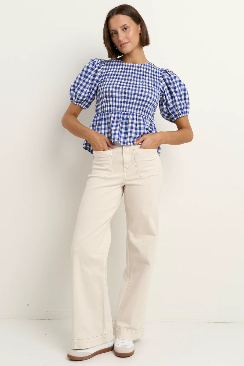 Among The Brave Requite Blue Gingham Shirred Body SS Top - Navy Gingham