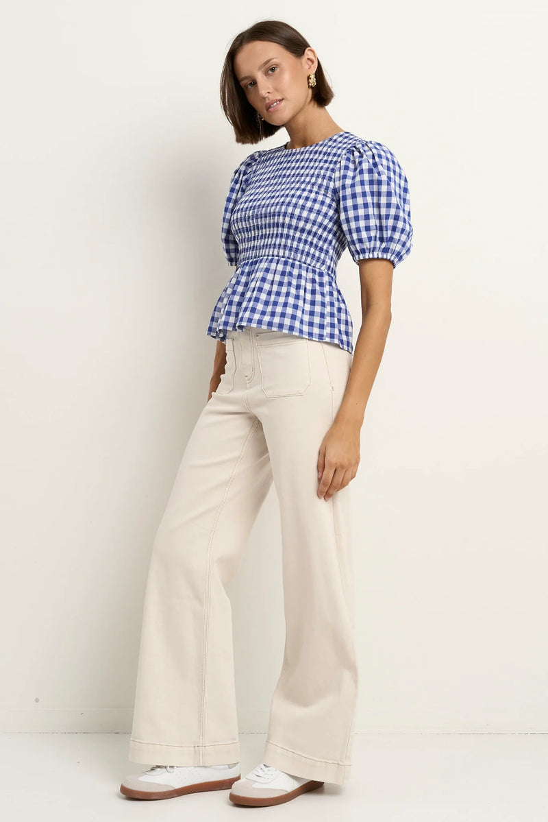 Among The Brave Requite Blue Gingham Shirred Body SS Top - Navy Gingham