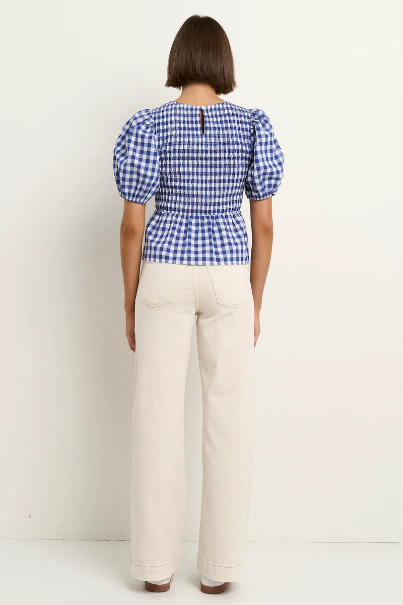 Among The Brave Requite Blue Gingham Shirred Body SS Top - Navy Gingham
