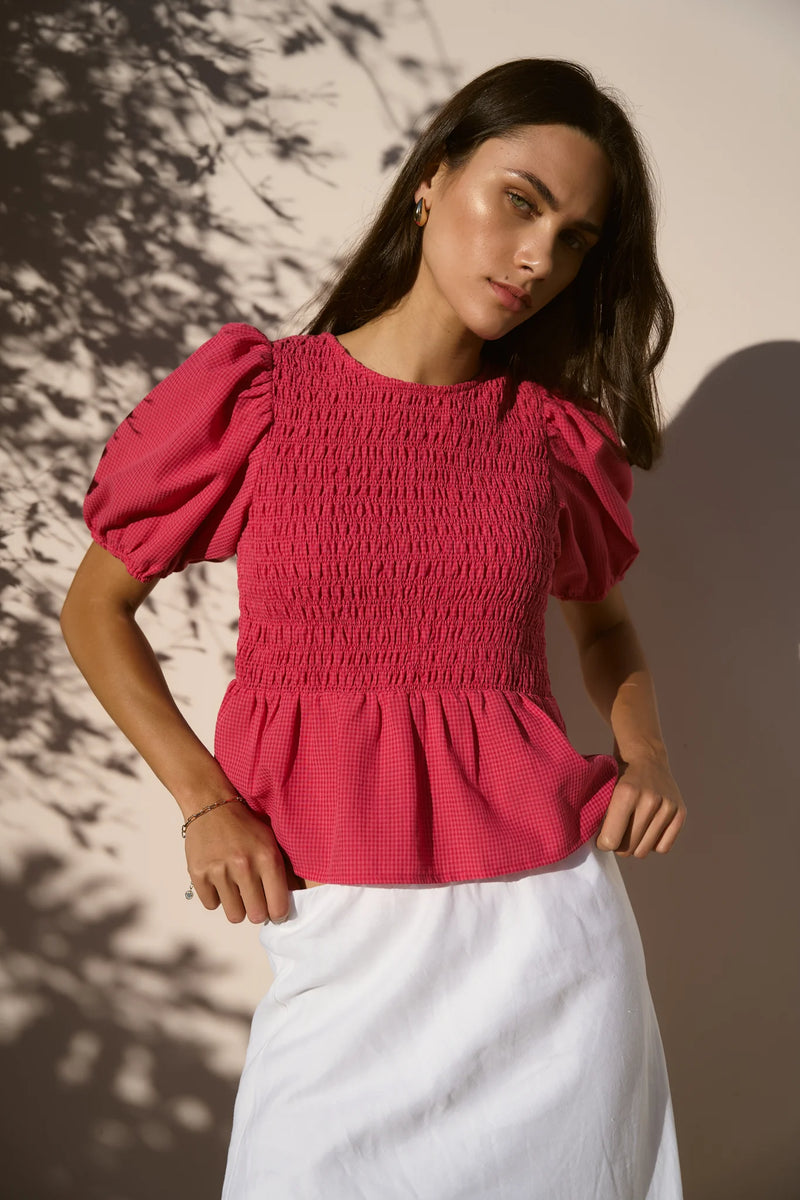 Among The Brave Requite Raspberry Ditsy Gingham Shirred Body SS Top - Raspberry Ditsy Gingham
