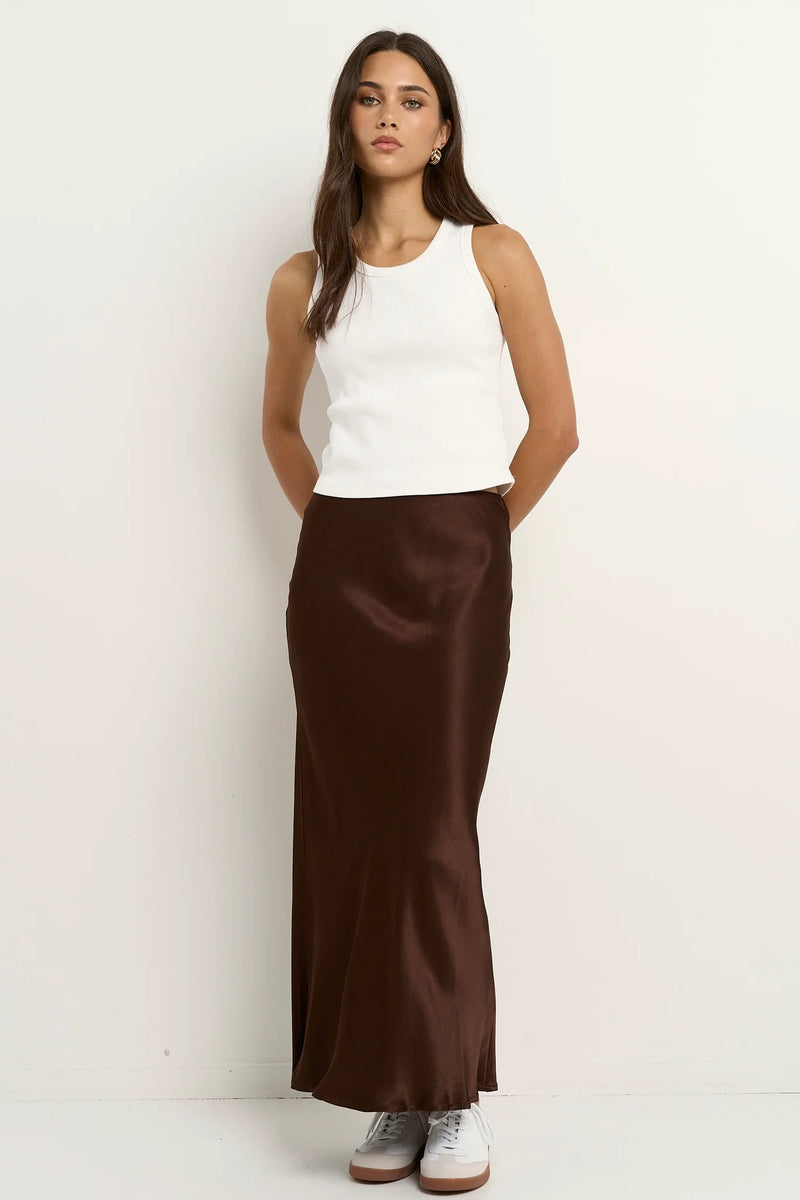 Ivy + Jack Rosette Chocolate Satin Bias Midi Skirt - Chocolate