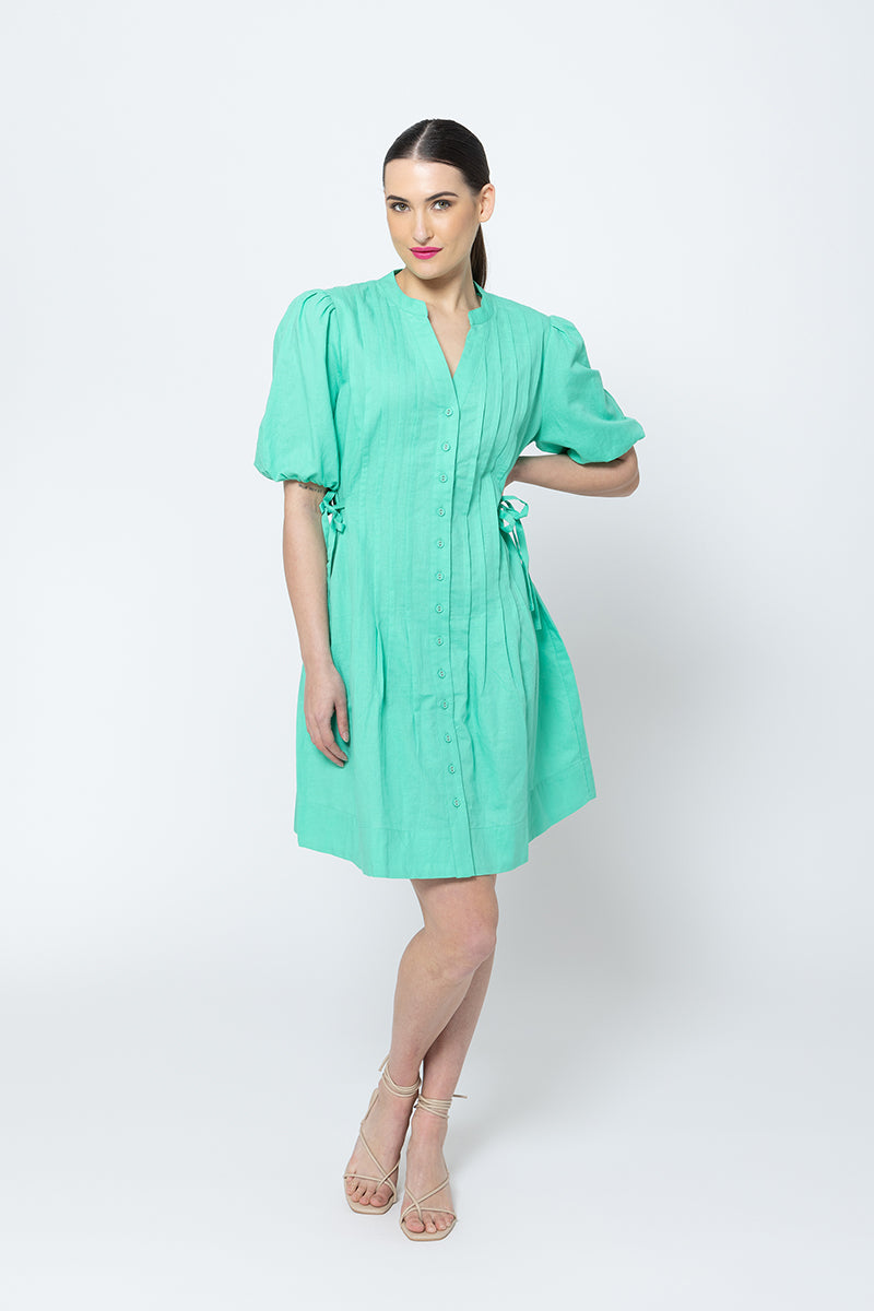 Seeking Lola Pleats Please Dress - Green Linen