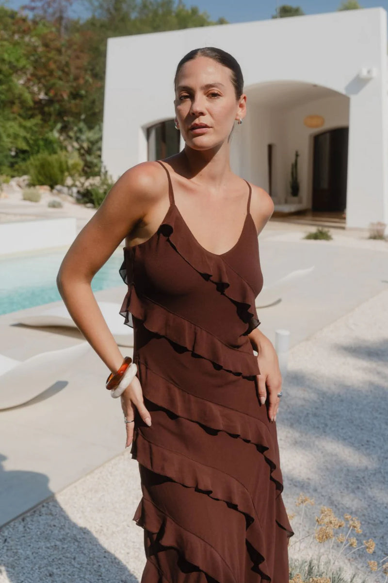 Galore Chocolate Bias Ruffle Slip Maxi Dress - Chocolate