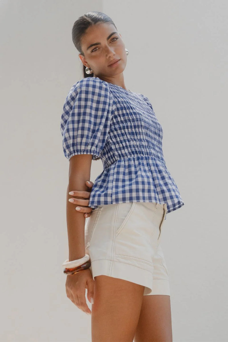 Among The Brave Requite Blue Gingham Shirred Body SS Top - Navy Gingham