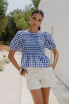 Among The Brave Requite Blue Gingham Shirred Body SS Top - Navy Gingham