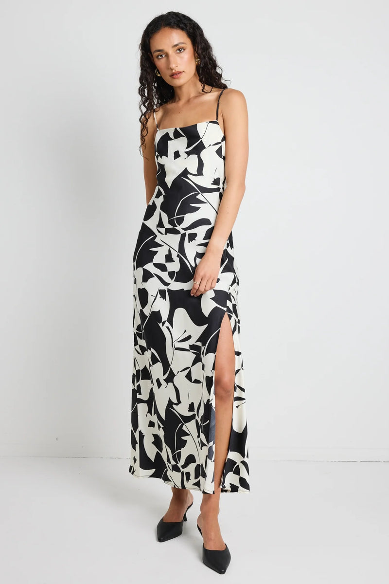 Among The Brave Showstopper Black White Satin Strappy Bias Slip Dress - Black/White