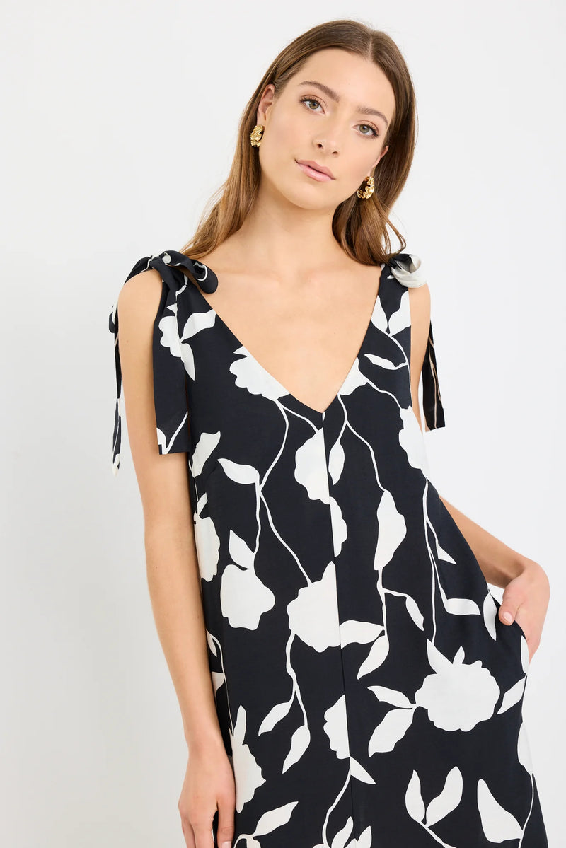 Stories Be Told Spontaneous Black And White Floral Tie Shoulder Relaxed Midi Dress
