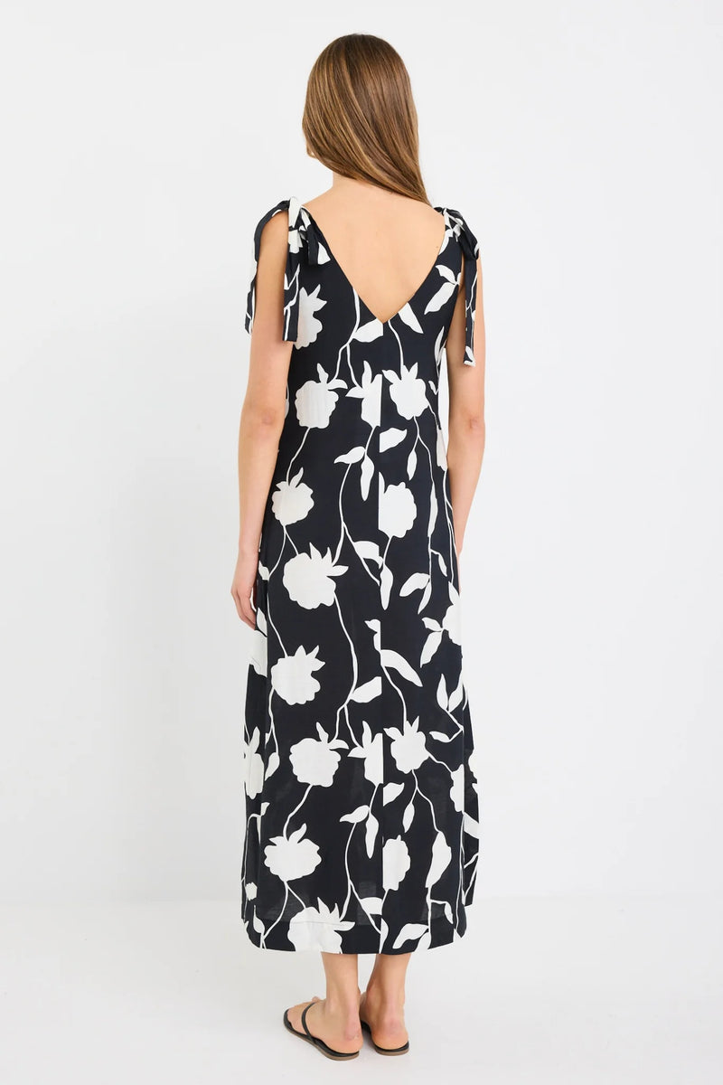 Stories Be Told Spontaneous Black And White Floral Tie Shoulder Relaxed Midi Dress