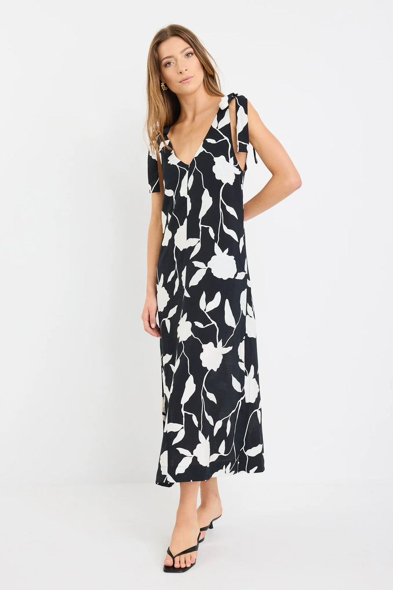 Stories Be Told Spontaneous Black And White Floral Tie Shoulder Relaxed Midi Dress