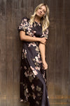 Stories Be Told Stage Black Floral Satin Puff Sleeve Floaty Maxi Dress - Black Floral