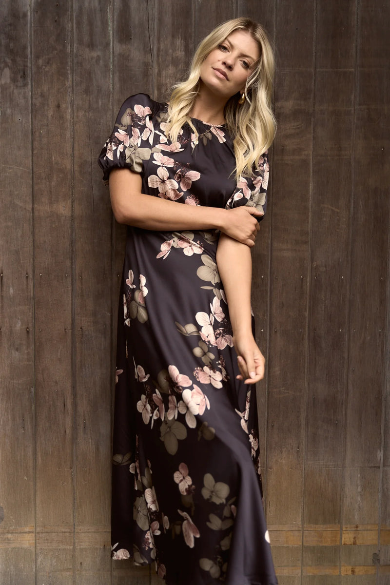Stories Be Told Stage Black Floral Satin Puff Sleeve Floaty Maxi Dress - Black Floral